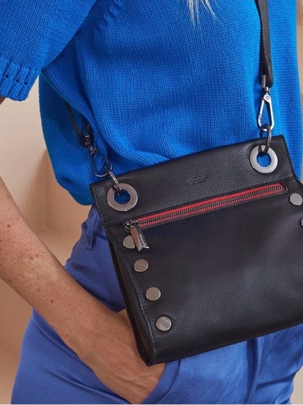 Hammitt Black Leather Tony Crossbody with Silver Stud Accents